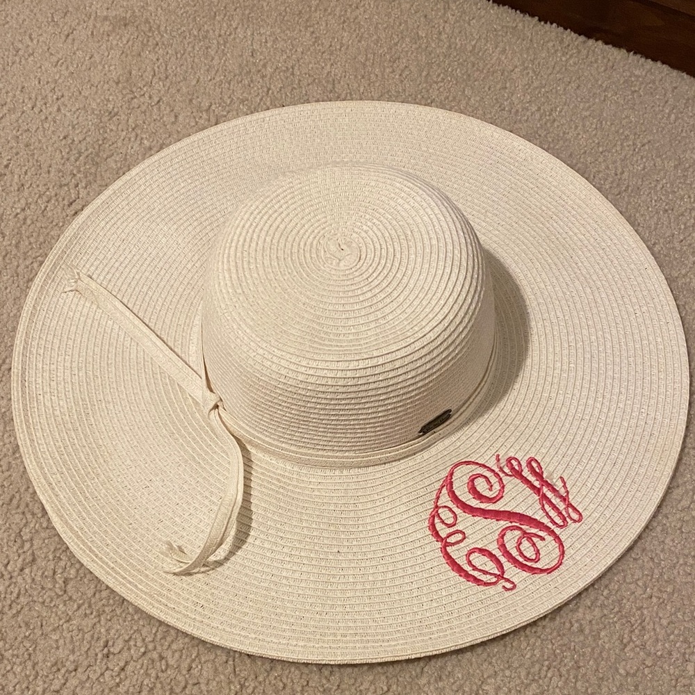 White Wide Brim Hat with Pink Monogram